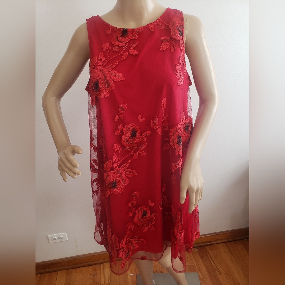 ECI Red Mesh Floral Embroiderd Fully Lined Dress~ Size Medium